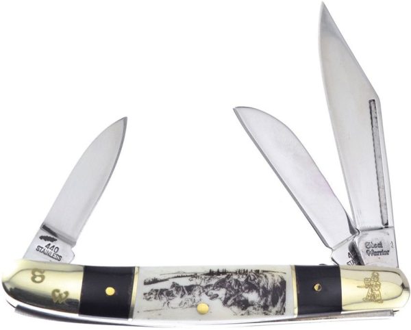 FSW112BHSBW.jpg Frost Cutlery Wrangler Wolf Etch - Engraved Bone Multi-Blade