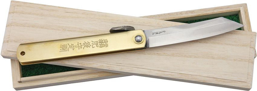 Higonokami Damascus Folding Knife 3.5" Blue Paper Brass Handle