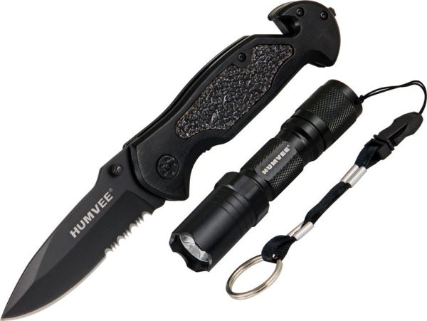 Humvee Emergency Rescue Folding Knife with LED Flashlight Combo