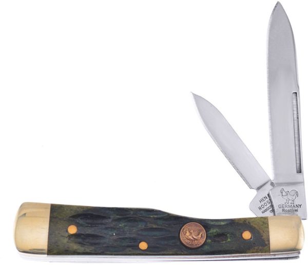 Hen & Rooster Gun Stock Folding Knife Green Bone 3" Spear