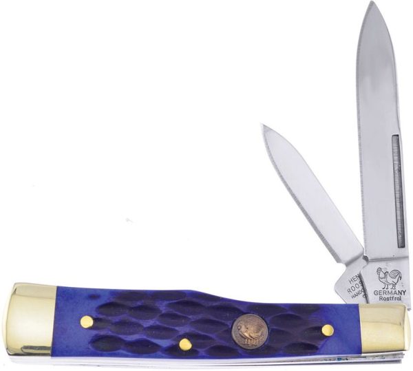 Hen & Rooster Gun Stock Blue Pick Bone Folding Knife 1.4116