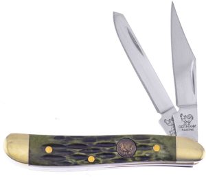 Hen & Rooster Peanut Folding Knife Antique Green Bone 1.4116