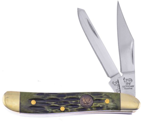 Hen & Rooster Peanut Folding Knife Antique Green Bone 1.4116