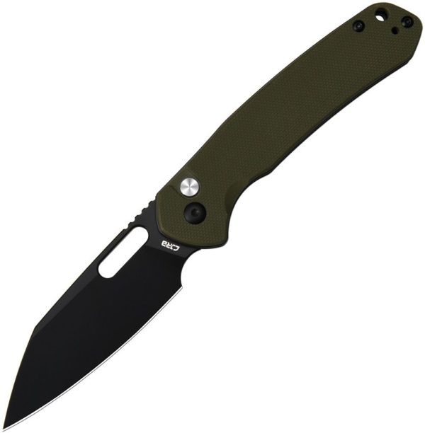 CJRB Pyrite Button Lock Folding Knife Green G10 Wharncliffe