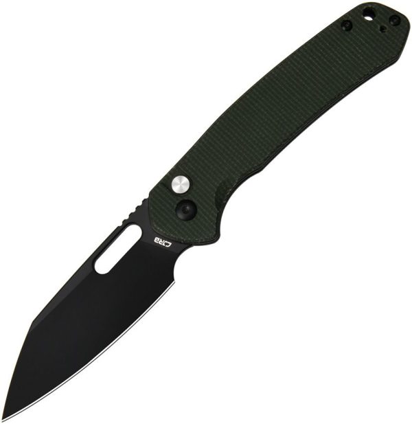 CJRB Pyrite Button Lock Folding Knife Green Micarta Wharncliffe