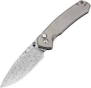 CJRB Pyrite Button Lock Damascus Folding Knife Gray Titanium