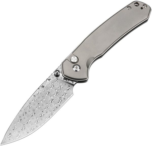 CJRB Pyrite Button Lock Damascus Folding Knife Gray Titanium