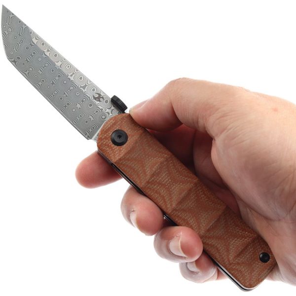 Kansept BTF Linerlock Damascus Tanto Brown Micarta