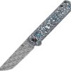 Kansept Foosa Slip Joint Damascus Blue White Handle