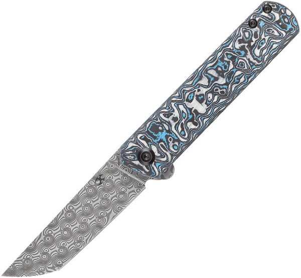Kansept Foosa Slip Joint Damascus Blue White Handle
