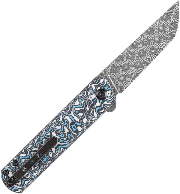 Kansept Foosa Slip Joint Damascus Blue White Handle