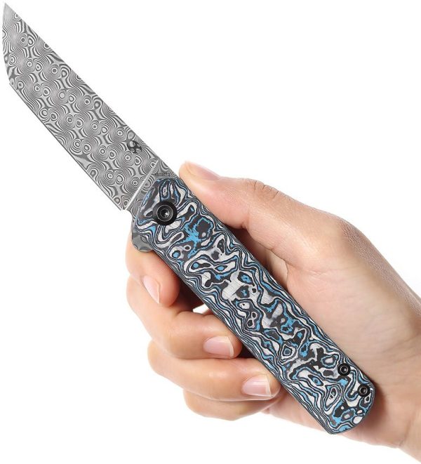 Kansept Foosa Slip Joint Damascus Blue White Handle