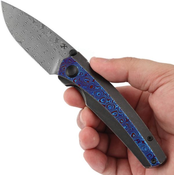 Kansept Raven Framelock Damascus Titanium Timascus