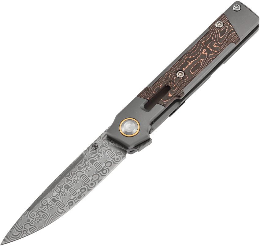 Kansept Kitpu Framelock Damascus Folding Knife 2.9" Copper Carbon Fiber