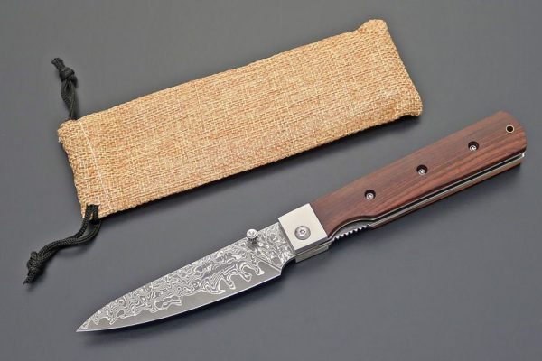 Kanetsune Petty Linerlock Damascus Folding Knife Rosewood