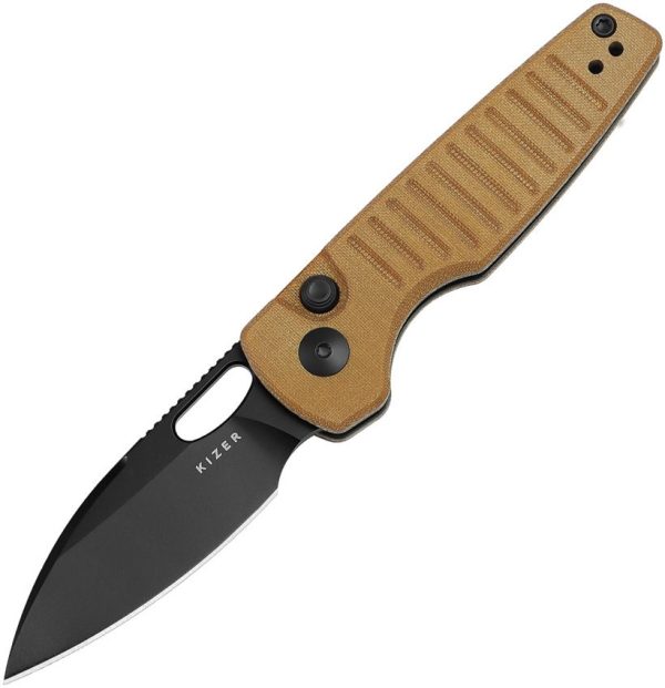 Kizer Parakeet Button Lock Folding Knife - Brown Micarta