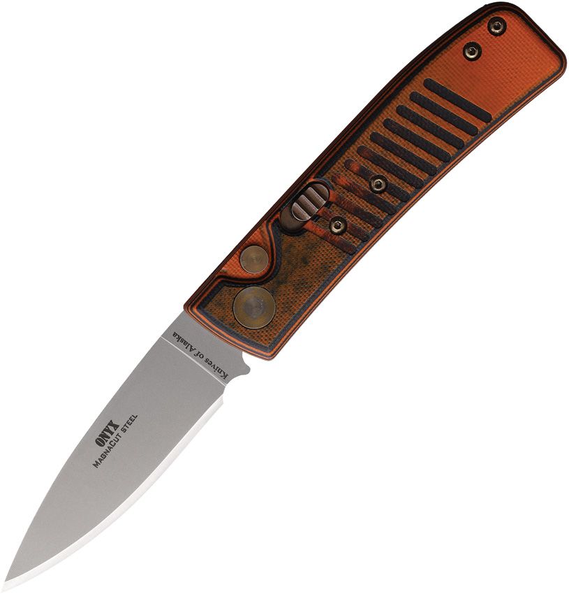 Knives Of Alaska Auto Button Lock Folding Knife MagnaCut 2.63" Black Orange G10