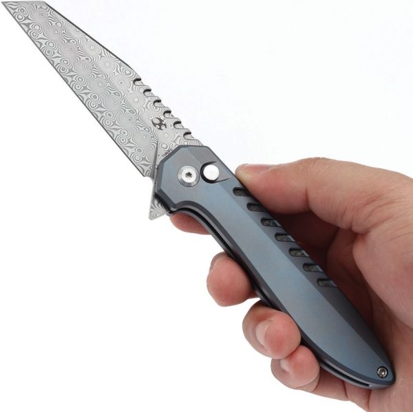Kansept Kosame Button Lock Damascus - Blue Titanium
