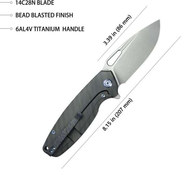 KB Knives Tityus Framelock 3.38" 14C28N Flamed Titanium Folding Knife