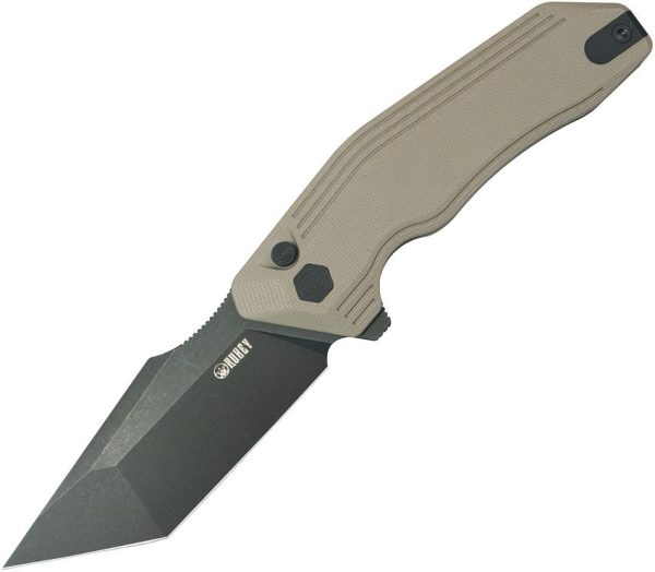Kubey Yokai Button Lock Tan Tanto Folding Knife