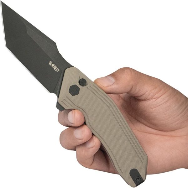 Kubey Yokai Button Lock Tan Tanto Folding Knife