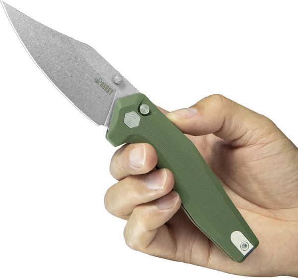 Kubey Hades Button Lock OD Green Clip Point Knife