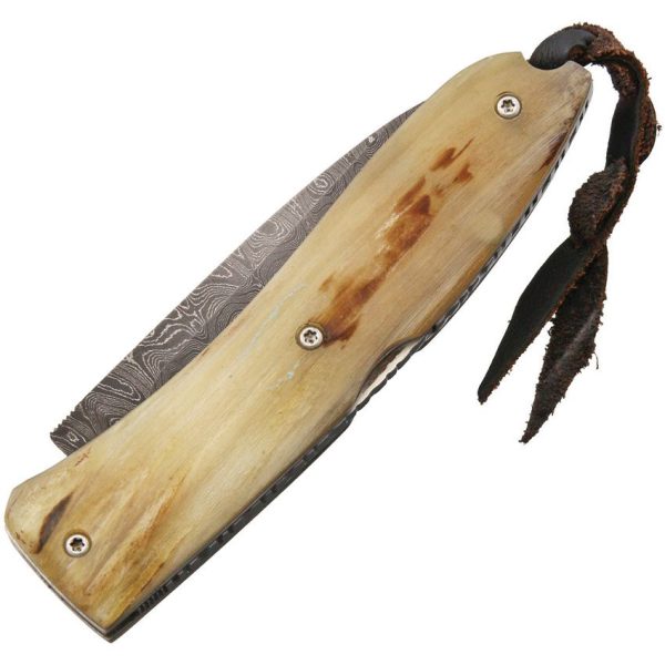 LionSTEEL Opera Damascus Folding Knife Ram's Horn Lockback