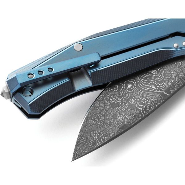 LionSTEEL Myto Framelock Damascus Blue Folding Knife