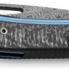 LionSTEEL Twain Button Lock Damascus Folding Knife Blue Titanium