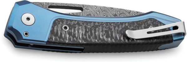LionSTEEL Twain Button Lock Damascus Folding Knife Blue Titanium
