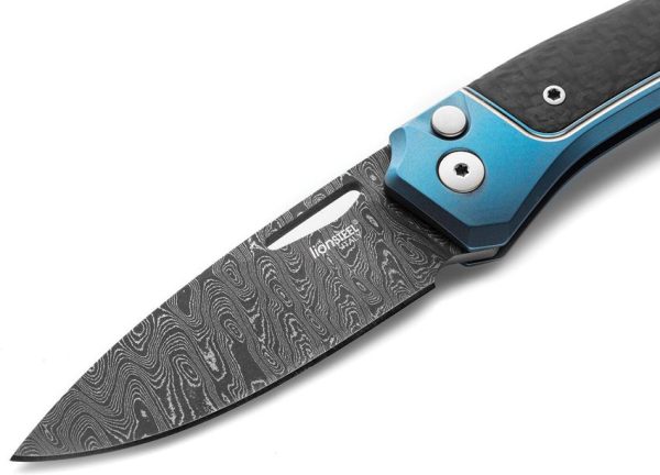 LionSTEEL Twain Button Lock Damascus Folding Knife Blue Titanium