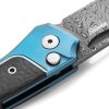 LionSTEEL Twain Button Lock Damascus Folding Knife Blue Titanium