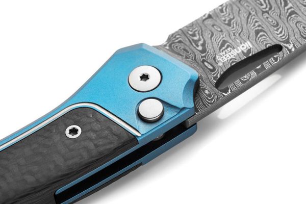 LionSTEEL Twain Button Lock Damascus Folding Knife Blue Titanium