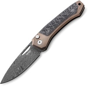 LionSTEEL Twain Button Lock Damascus Folding Knife Bronze Titanium