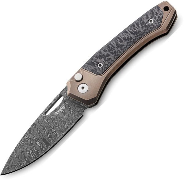 LionSTEEL Twain Button Lock Damascus Folding Knife Bronze Titanium
