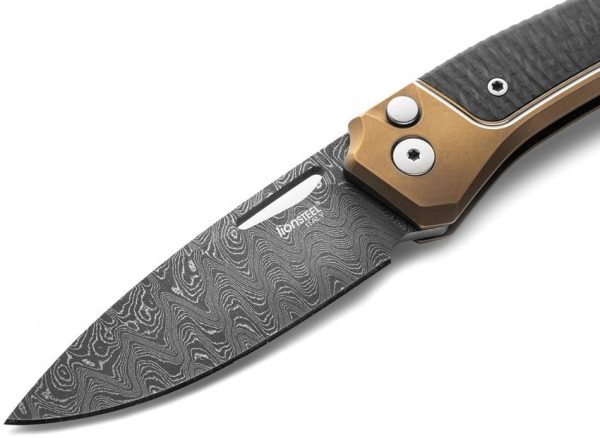 LionSTEEL Twain Button Lock Damascus Folding Knife Bronze Titanium
