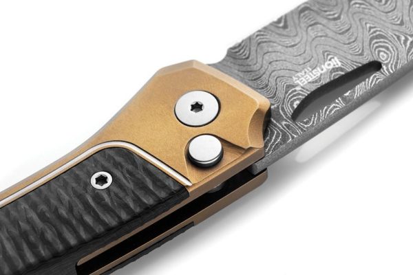 LionSTEEL Twain Button Lock Damascus Folding Knife Bronze Titanium