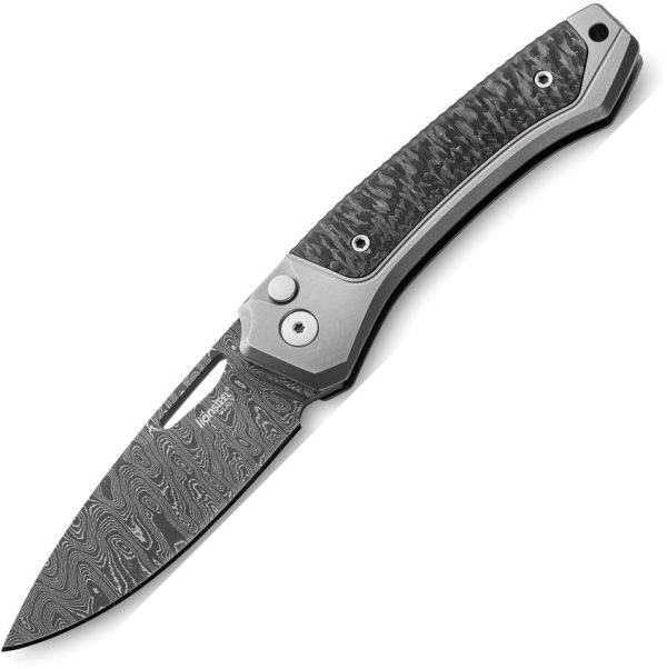 LionSTEEL Twain Button Lock Damascus Gray Titanium Folding Knife
