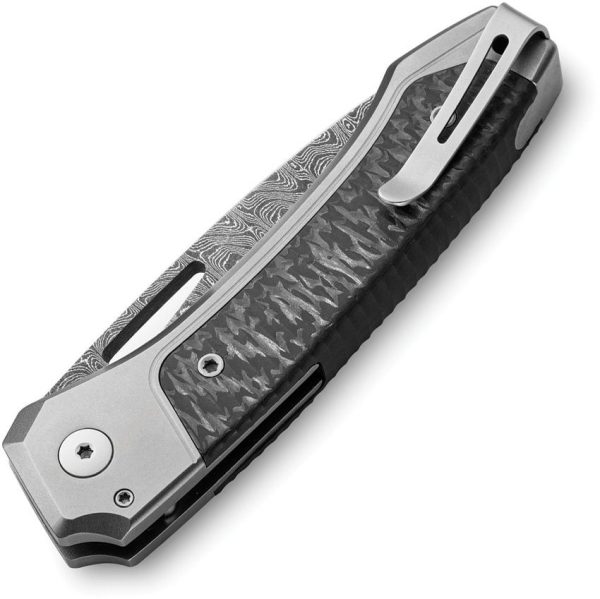 LionSTEEL Twain Button Lock Damascus Gray Titanium Folding Knife
