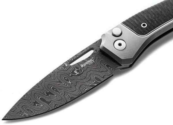 LionSTEEL Twain Button Lock Damascus Gray Titanium Folding Knife