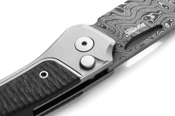 LionSTEEL Twain Button Lock Damascus Gray Titanium Folding Knife
