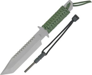 Survival Knife Tanto Sawback Green Cord Handle