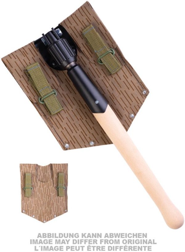 East German Repro Folding Shovel Wood Handle Tan Sheath