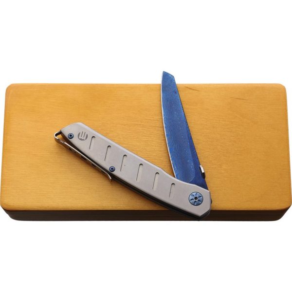 Maserin AM6 Framelock Damascus Folding Knife Blue Titanium
