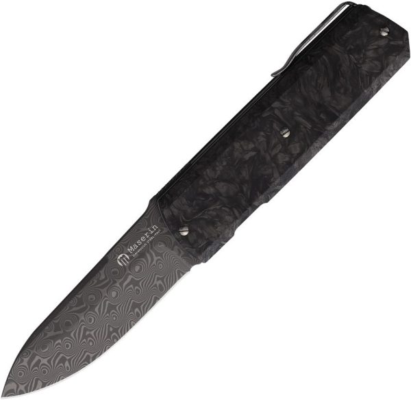 Maserin Silver Damascus Linerlock Folding Knife Carbon Fiber