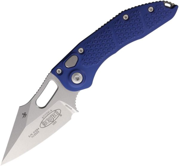 Microtech Auto Stitch S/E Button Lock - Navy Wharncliffe