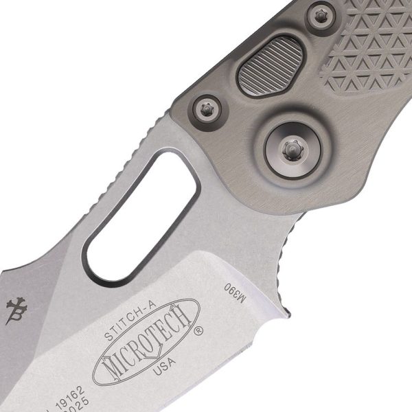 Microtech Auto Stitch S/E Button Lock - Gray M390 Stonewash