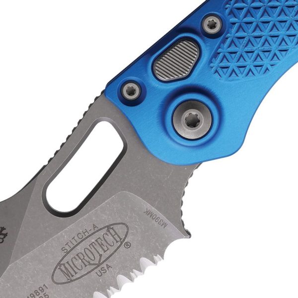 Microtech Auto Stitch Apocalyptic Blue Partially Serrated