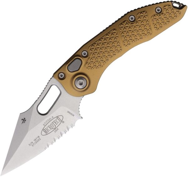 Microtech Auto Stitch S/E Button Lock Tan Wharncliffe