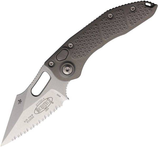 Microtech Auto Stitch S/E Button Lock Stonewash Gray